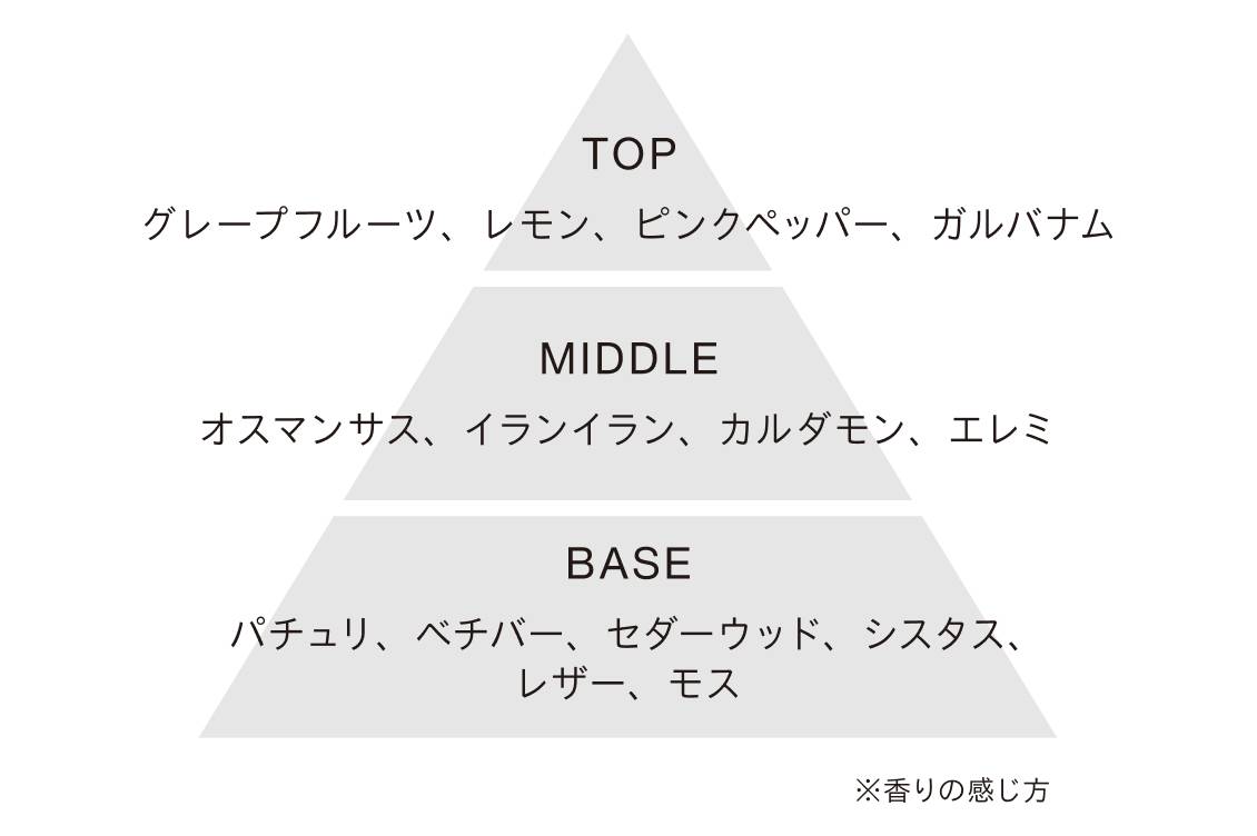 TOP グレープフルーツ、レモン、ピンクペッパー、ガルバナム MIDDLE オスマンサス、イランイラン、カルダモン、エレミ BASE パチュリ、ベチバー、セダーウッド、シスタス、 レザー、モス ※香りの感じ方